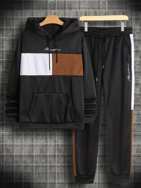 

men letter graphic colorblock drawstring hoodie & sweatpants f7sg#, Gray