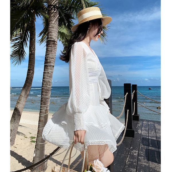 

2021 new white summer polka dot casual woman long sleeve v neck runway design mini female dress nze6, Black;gray