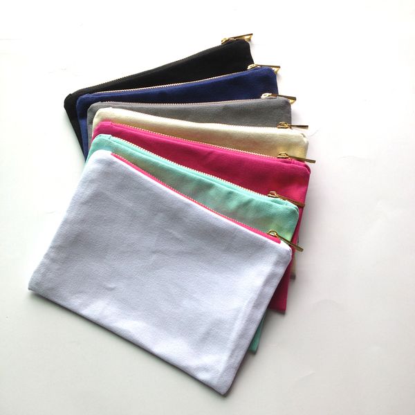 

35pcs/lot solid color canvas makeup bag with gold zip gold lining 6*9in cosmetic bag for DIY print black/white/grey/pink/navy/mint color