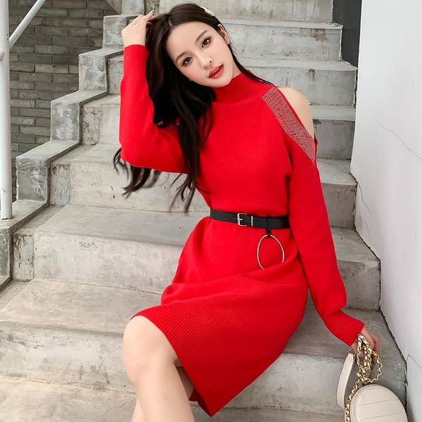 

will knit dress is the new fashion off-the-shoulder drilling half a turtleneck temperament and thin hair dress, Black;gray