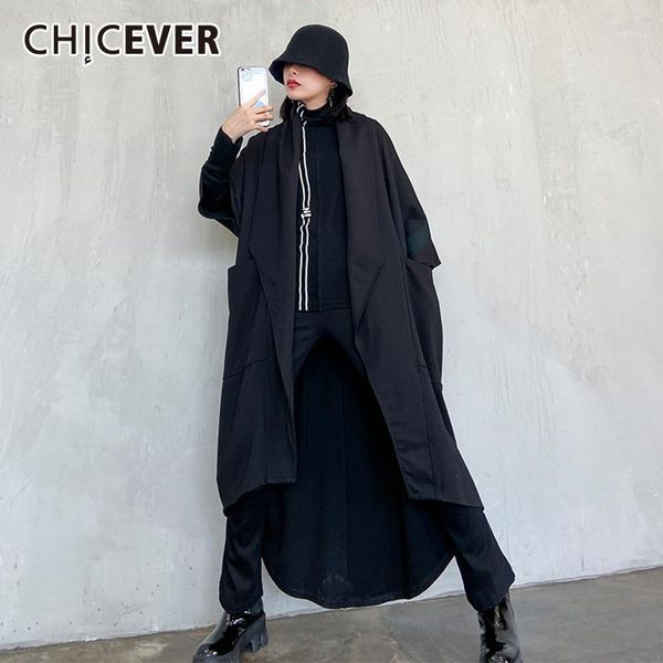 

chicever asymmetric hem coat for women v neck half sleeve pockets lace up tunic black casual coats female 2020 autumn new style1, Tan;black