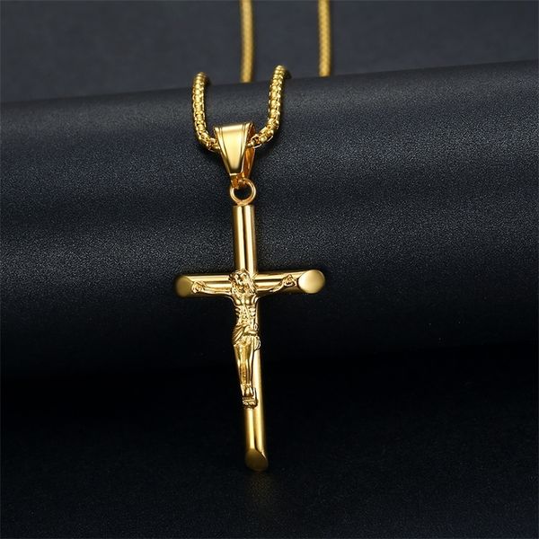 Hip Hop Crucifix Jesus Cross Pingente Colares Masculinos Cor de Ouro Correntes de Aço Inoxidável para Homens Mulheres Jóias Presentes Dropshipping