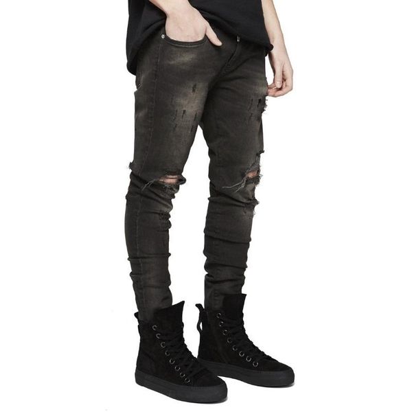 

men straight frayed hole long denim trousers male ripped stretchy jeans teenager fashion moto biker pencil pants 51407, Blue