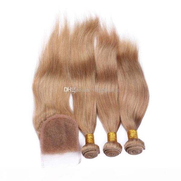 

good quality 9a grade 3 bundles hair with part 4*4inch lace closure color 27# honey blonde brazilian human hair straight extensions, Black