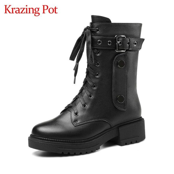 

krazing pot genuine leather round toe med heel riding boots handsome young lady streetwear fashion cross-tied mid-calf boots l47, Black
