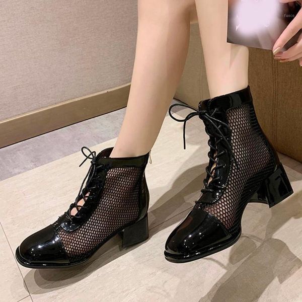 

boots women ladies ankle bare round toe mesh lace-up square heel short booties female autumn comfortable shoes1, Black
