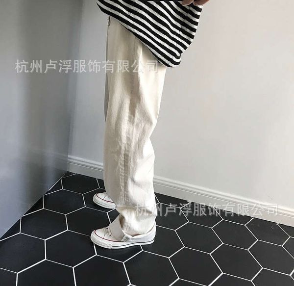 

south korea east gate in louvre looks slim casual and loose korean straight tube wide leg high waist white jeans female, Blue