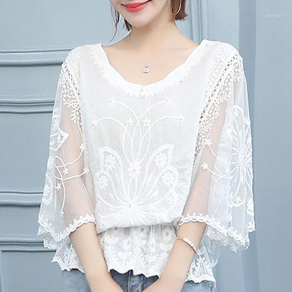 

women lace summer blouse new 2021 plus size blosue women batwing sleeve shirts lace white blouse elegant and blouses1