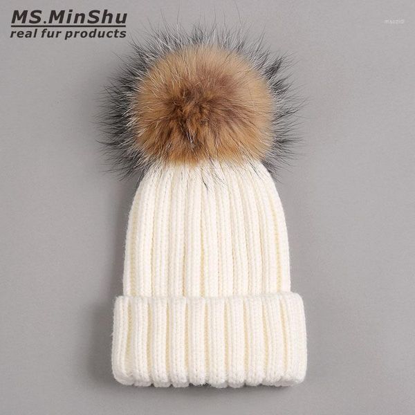 

thicken winter hat with real fur pompom raccoon fur ball cap women hat with big ball pompom