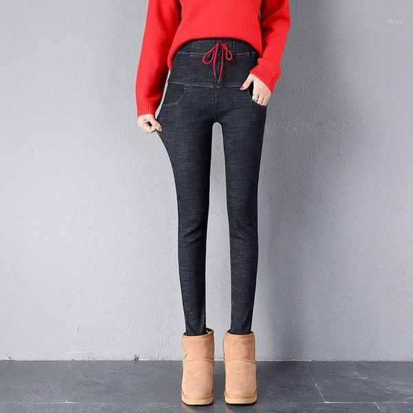 

women's 2019 winter new plus velvet elastic waist jeans was thin pencil feet jeans1, Blue
