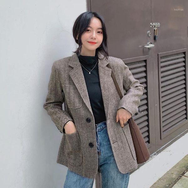 

wool suits jacket loose blazer coat woman 2020 spring herringbone stripe single-breasted casual office coat ladies winter blazer1, White;black