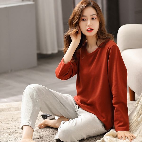 

winter 100% cotton pajama for women full sleeves pijama mujer women pure cotton sleepwear pj homewear round neck pyjama femme 201027, Black;red
