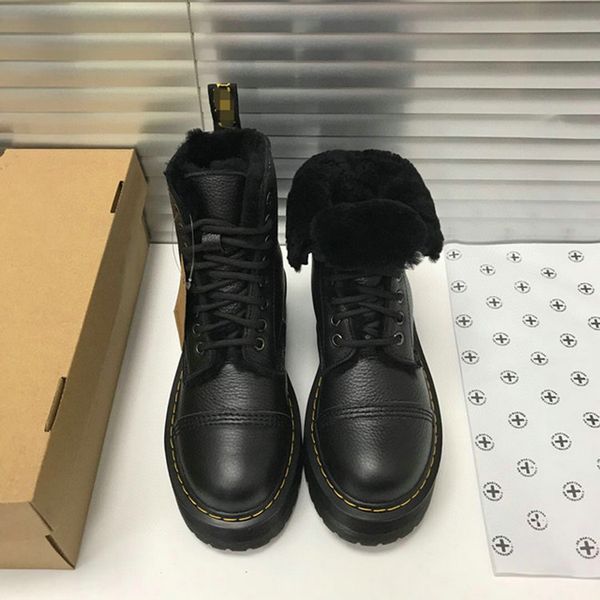

2020 winter new leather martin boots straps short boots british wind leather and fur integrated snow boots warm cotton shoes, Black