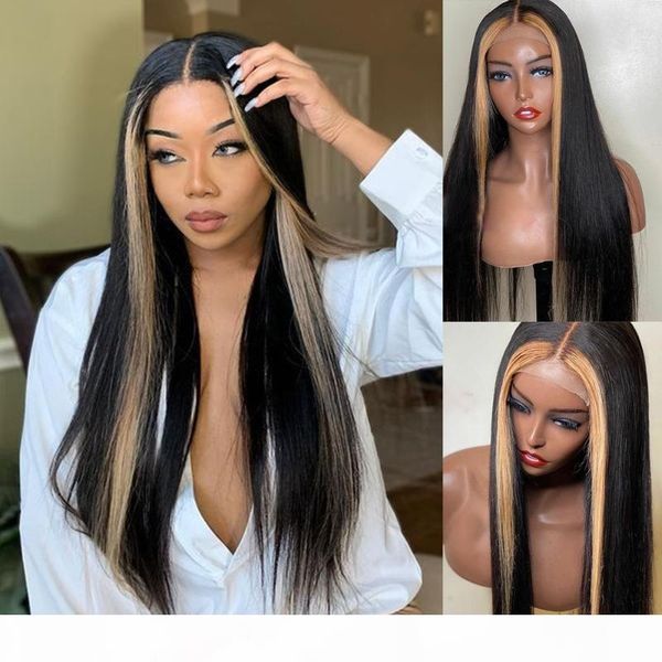 

pre plucked ombre colored human hair wig bleach knots straight natural hairline hd transparent lace wig 250 density, Black;brown