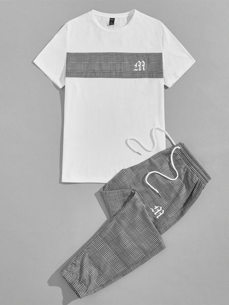 

men glen plaid & letter graphic tee & pants u41m#, Gray