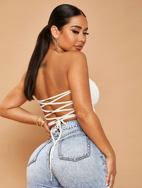 

sxy lace up backless crop tube i57l#, White