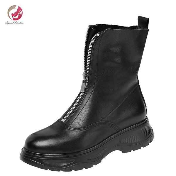 

original intention fashion zip boots woman flats boots round toe white high platform genuine leather, Black