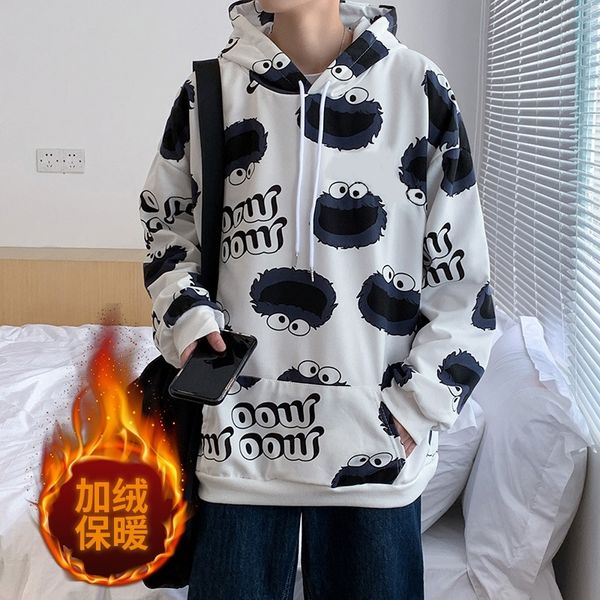 

autumn and winter 2020 cartoon plush hooded sweater men's sesame street loose jacket fashion, Black
