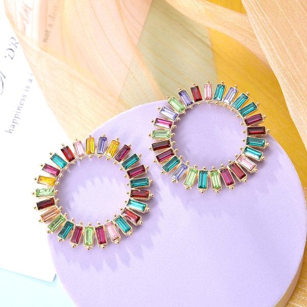 

ztech big round metal gold color with colorful crystal fashion stud earrings for women female accessories statement jewelry, Golden;silver