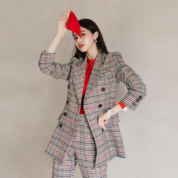 

spring autumn women's plaid suit british style pantsuit double breasted 2 piece set slim blazer high waist pants korean clothes, White
