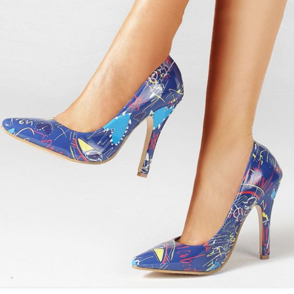 

high heels casual party work pumps pointed toe women shoes color printing casual stiletto plus size 35-42multifunction, Black