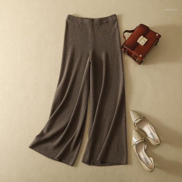 

women cashmere pants 2019 new autumn winter loose high waist knitted broad leg trousers thicken female calf-length pants1, Black;white