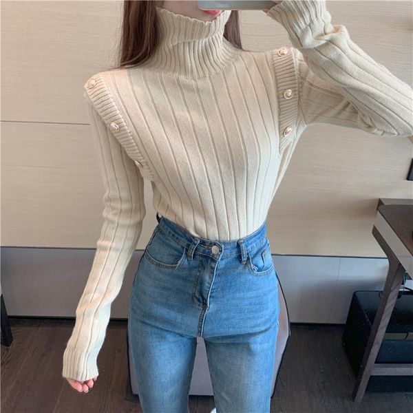 

knitted buttons long sleeve slim sweater 2021 women autumn winter turtleneck ribbed knit pullover woman casual jumper, White;black
