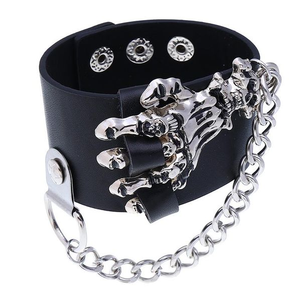 

charm bracelets gothic punk men's jewelry skeleton hand leather bracelet for men 4cm wide handmade adjustable, Golden;silver