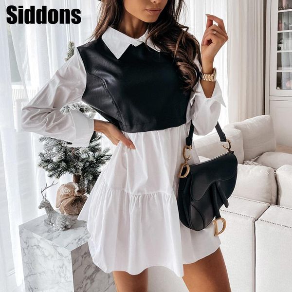 

pu leather patchwork short shirt dress 2021 women spring turn-down collar long sleeve slim mini dresses, Black;gray