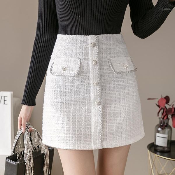 

elegant tweed mini skirts women autumn winter high waist white black skirts plus size single-breasted jupe femme1