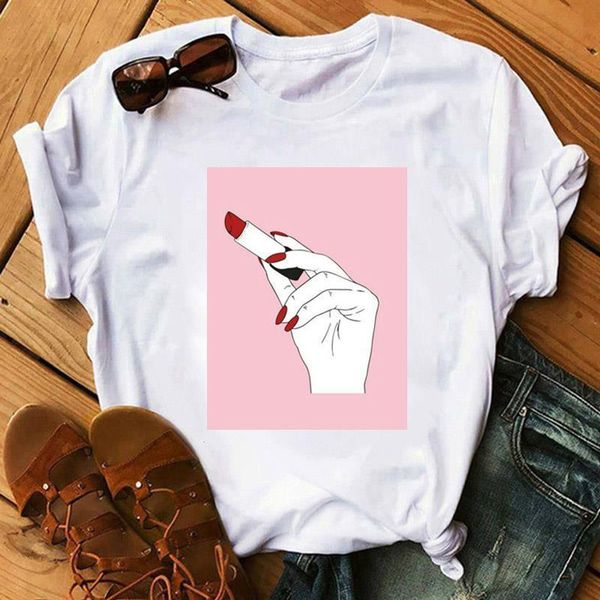 

summer new fashion pink background hand with red lipsticks print women t shirt friends tshirt female casual cotton clothes, White