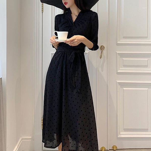 

vintage dot printed women dress 2020 autumn v-neck black female slim sashes long dress party evening elegant ladies1, Black;gray
