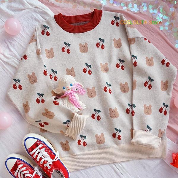

japanese autumn winter women cute sweater vintage bear cartoon jacquard long sleeve pullover sweet new loose wild student, White;black