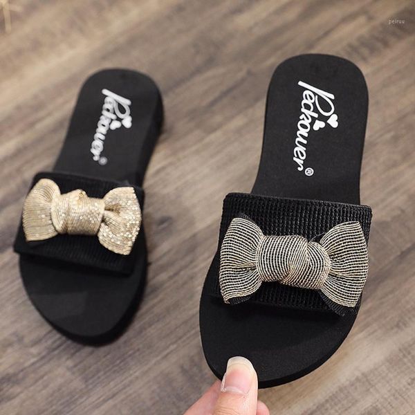 

slippers sagace 2021 summer women platform bohemian flip flops beach sandals female wedge rhinestone bow room slippers1, Black