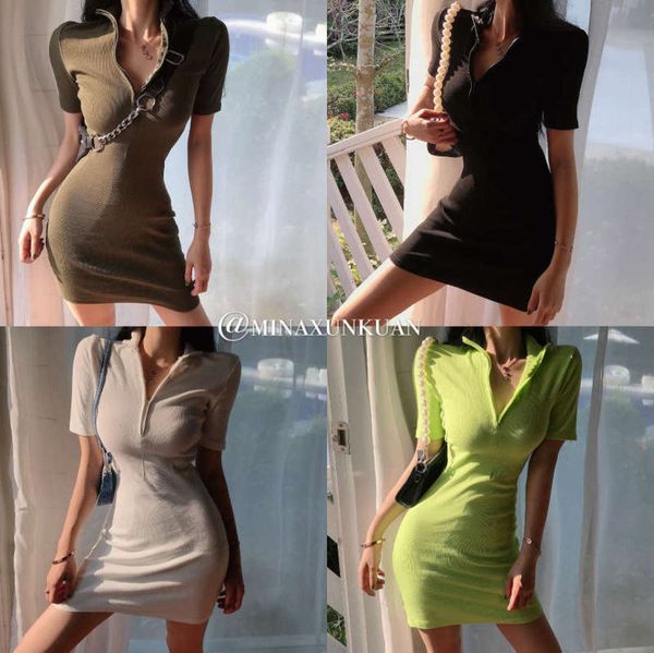 

zipper sleeve a261# short slim chest versatile basic women's dress 4 colors, Black;gray