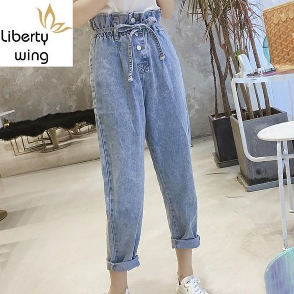 

new high lace up ankle length woman preppy style elastic waist boyfriend harem jeans street wide leg denim pant1, Blue