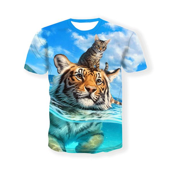 

summer animal print round neck suit short-sleeved t-shirt for men and women, White;black