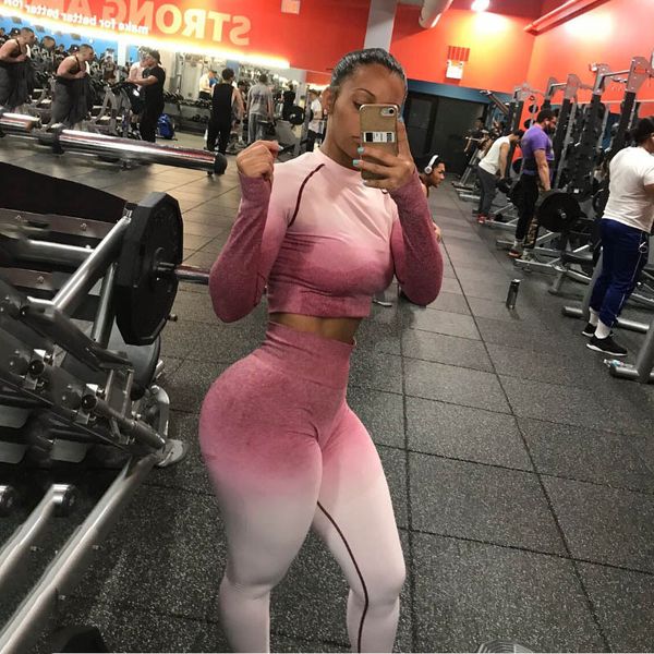 

seamless 2 piece set women sport suit gym workout clothes long sleeve fitness crop and scrunch butt leggings yoga set, White;red