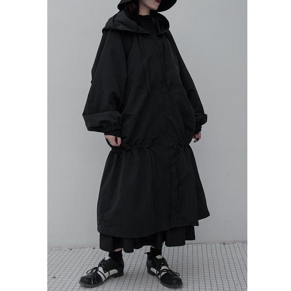 

women's wool & blends [dark] yamamoto-style couple dark black hooded windbreaker plus size loose jacket mid-length men and women lining