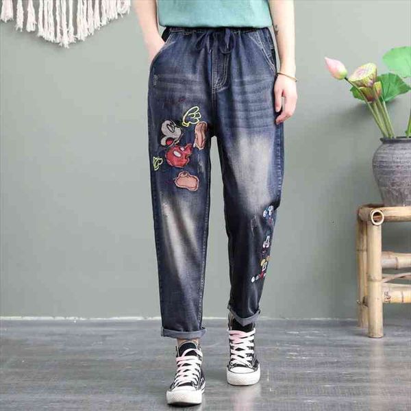 

spring ethnic embroidery elastic waist jeans female loose plus size high waist women harlan pants femme denim pants retro, Blue
