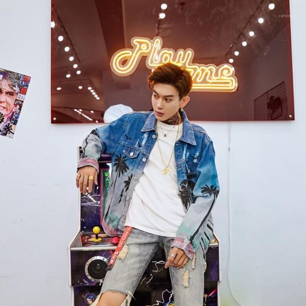 

men's jackets denim stitching checked jacket printed coconut tree hat loose washed 2021 sa-81, Black;brown