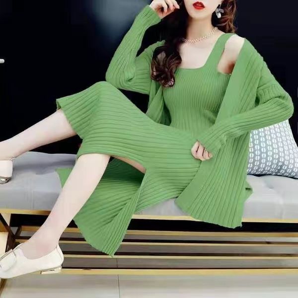 

women's 2021 eachin new suits or crocheted mid-calf long spandex dress cardigan piece feminine knitted sweat suit qc2s, Black;white