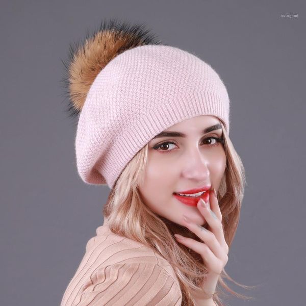 

berets wholesale real knitted hat ball beanies winter for women girl 's wool cotton skullies female cap blm591, Blue;gray