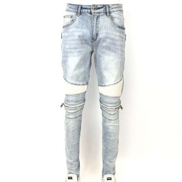 

new style men's and women's jeans slim locomotive denim fashion trendy hip-hop men's jeans am22, Blue