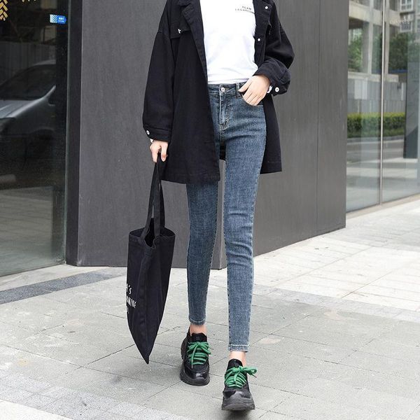 

2020 new women high waist jeans stretch skinny denim feet pants comfortable elastic slim light plaid casual pencil trousers m2121, Blue