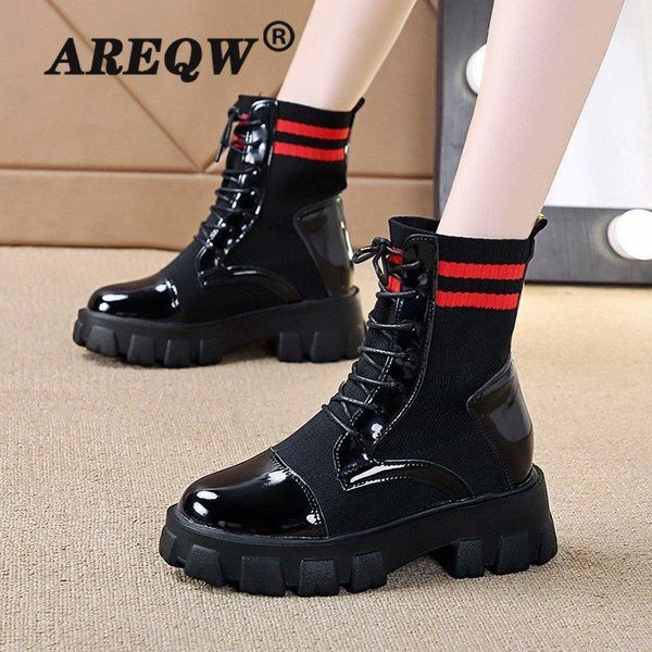 

black sock platform boots women shoes woman boots fashion flat round leather ankle 2020 spring lace up black
