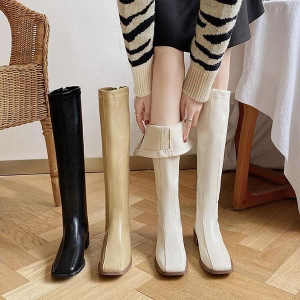 

boots knee-high women shoes woman fashion square toe pu retro winter 2021 short fur warm d692, Black