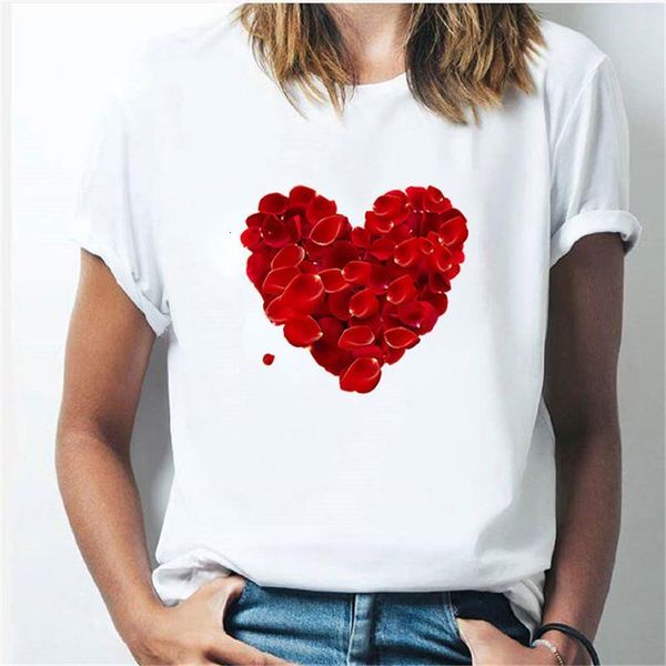 

plus size women t-shirt 2020 summer rose heart print t shirt women casual white loose short sleeve tshirt camisas