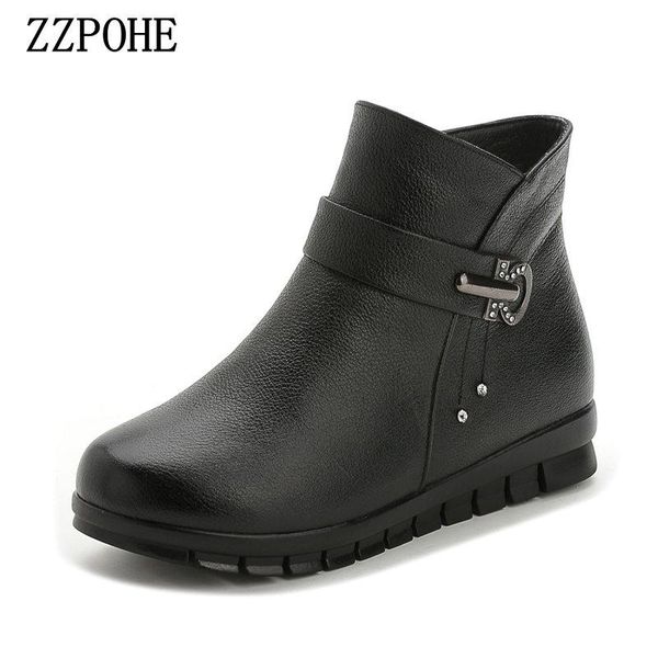 

boots zzpohe autumn winter shoes women flats ankle woman fashion genuine leather crystal mother non-slip warm snow, Black