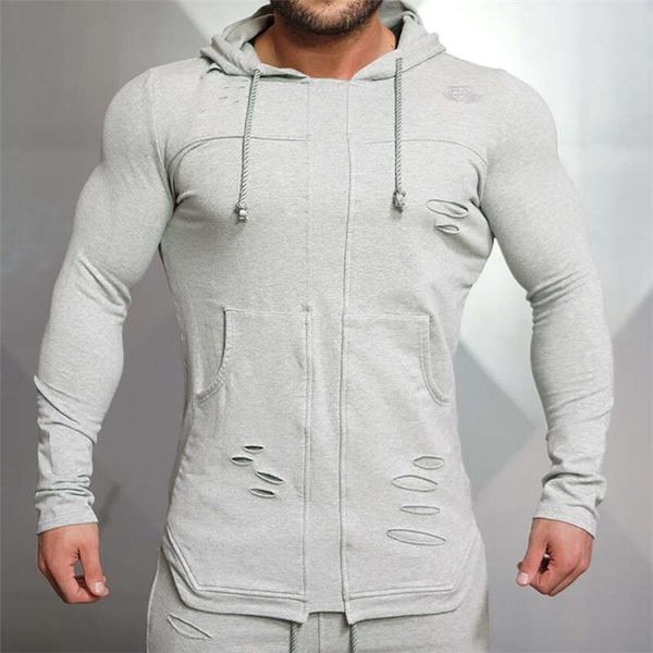 

muscle brother new style broken hole leisure fitness sports outdoor training men's body-building sweater, Gray